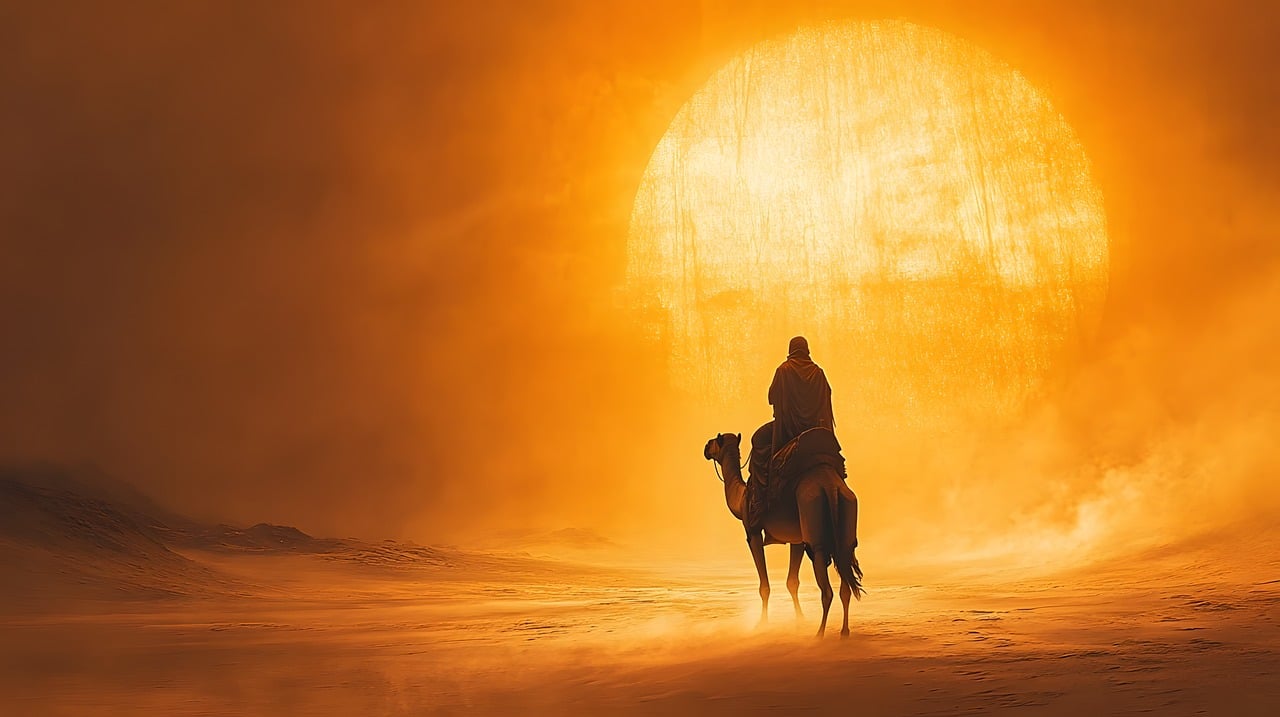 ai generated, desert, dunes, landscape, sand, scene, scenic, camel, sun, egypt, sunrise, nature