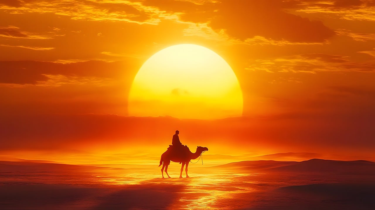 ai generated, desert, dunes, landscape, sand, scene, scenic, camel, sun, egypt, sunrise, nature