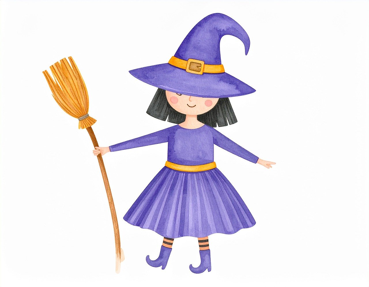 ai generated, children, book, colour, watercolour, drawing, purple, hat, cute, kawaii, chibi, fantasy, magician, magical, mystical, witch, broom, girl, woman, witchcraft, magic, halloween, cartoon