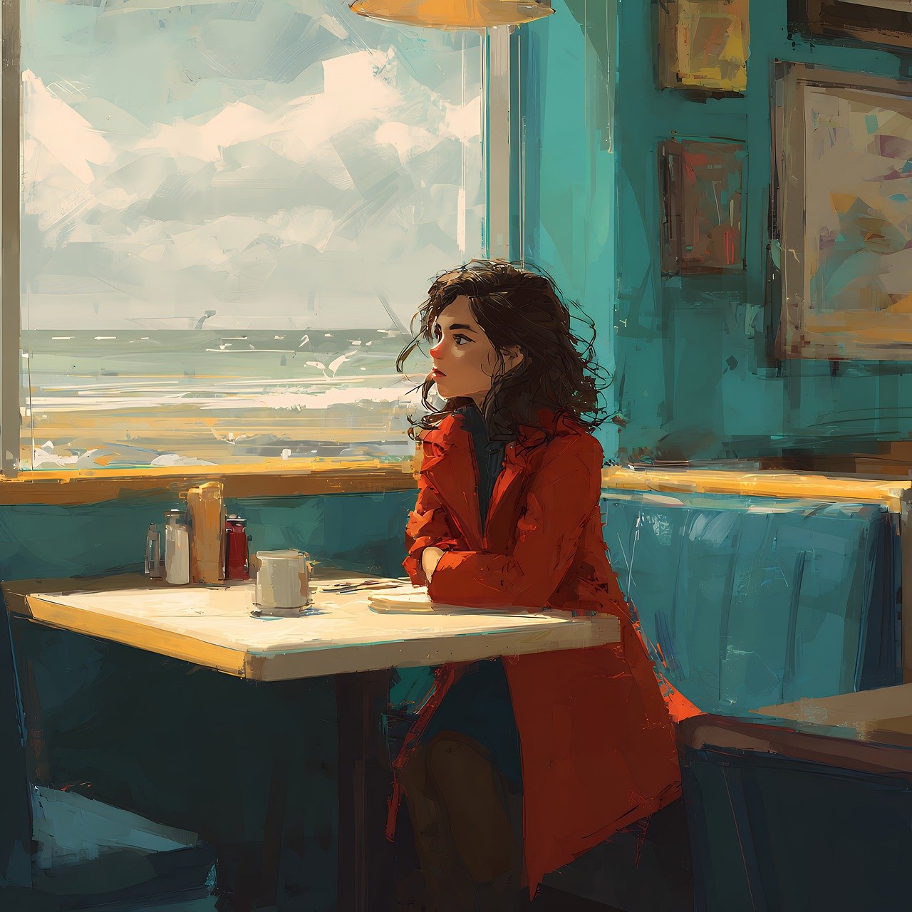 ai generated, cafe, coastal, diner, ocean, window, seat, red, coat, contemplative, peaceful, solitude, reflection, interior, table, coffee, mug, maritime, nature, seascape, horizon, clouds, turquoise, afternoon, quiet, serene