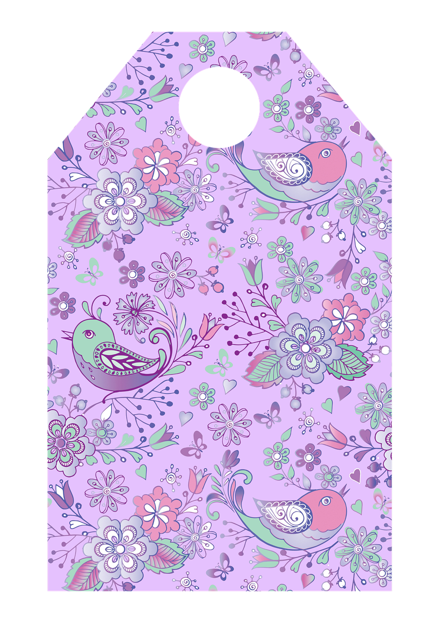 gift tag, tag, label, present, card, paper, design, birds, nature, wildlife, animal, ornithology, plumage, flowers, bloom, blossom, flora, vintage, retro, classic, purple