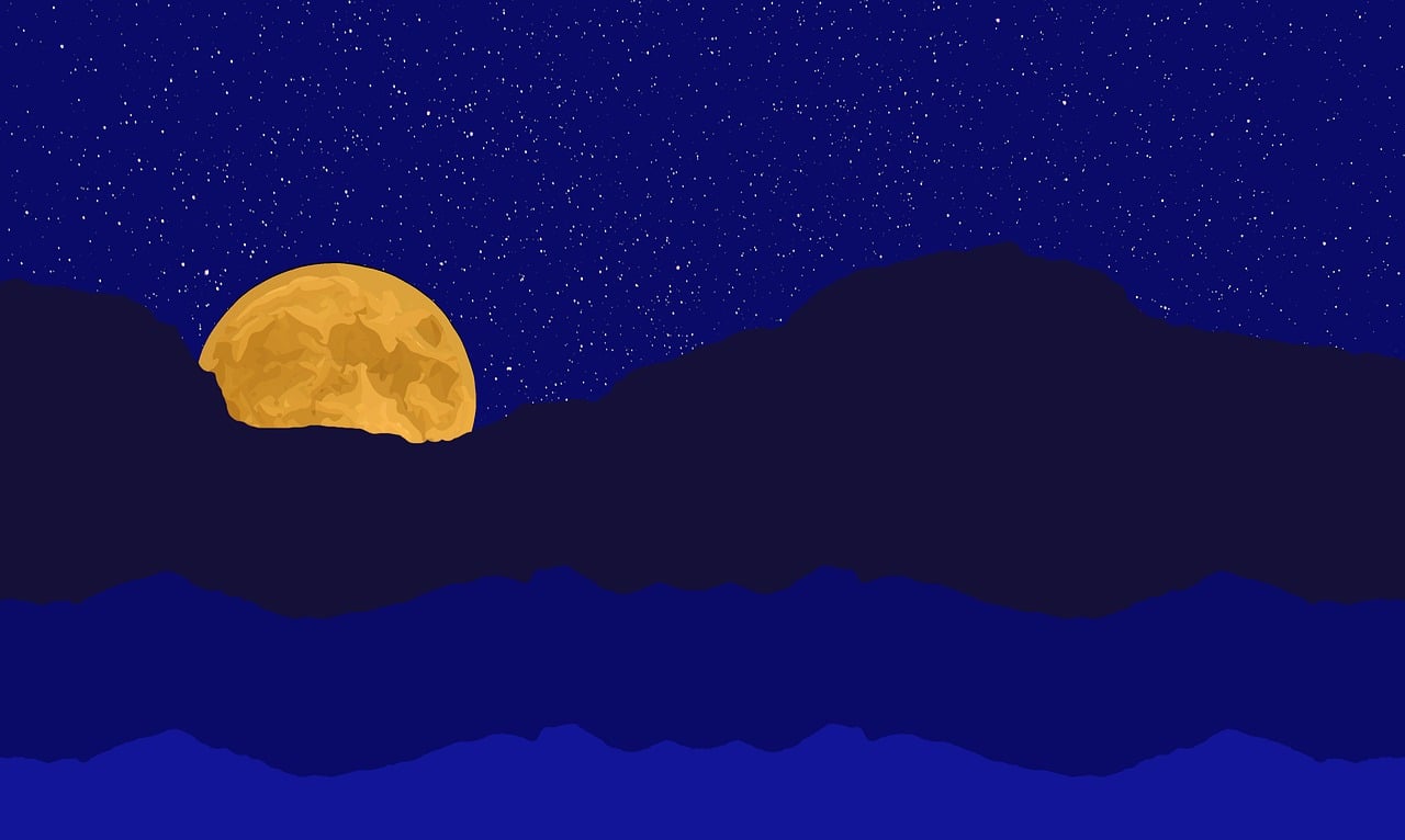 mountains, landscape, nature, summit, peak, scenic, scenery, night, sky, moon, stars, dark, blue, drawing, mockup, design, cartoon, artwork, mood, greeting card, copy space