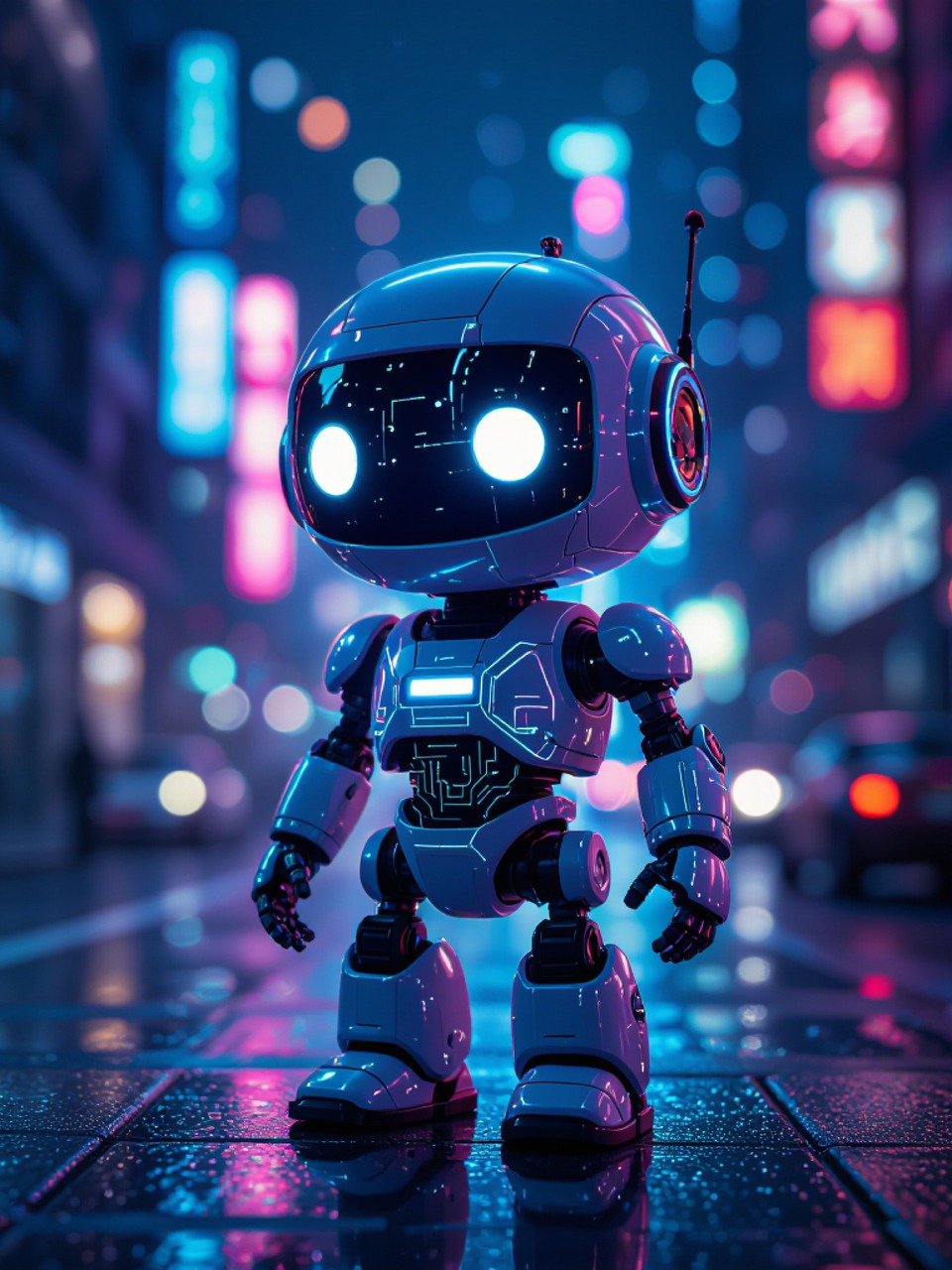 robot, future, science fiction, robotics, technology, futuristic, digitization, city, night, lights, building, architecture, background, cute, ki, ai generated