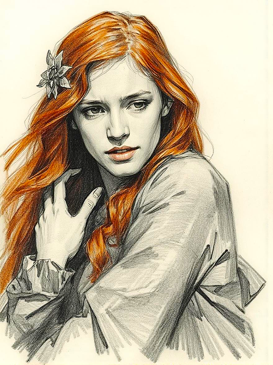ai generated, woman, sketch, young, hair, pretty, pencil, drawing, female