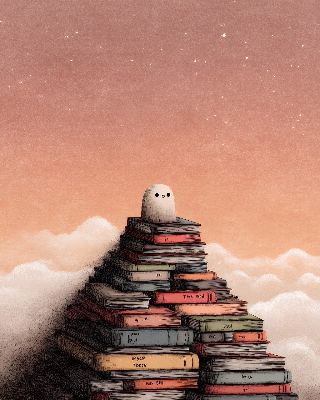 ai generated, owl, books, nature, education, reading, wisdom, knowledge, learning, library, study, fantasy, whimsical, digital, pink, sunset, sky, clouds, stack, bird, academic, literary, storytelling, magical, dreamy