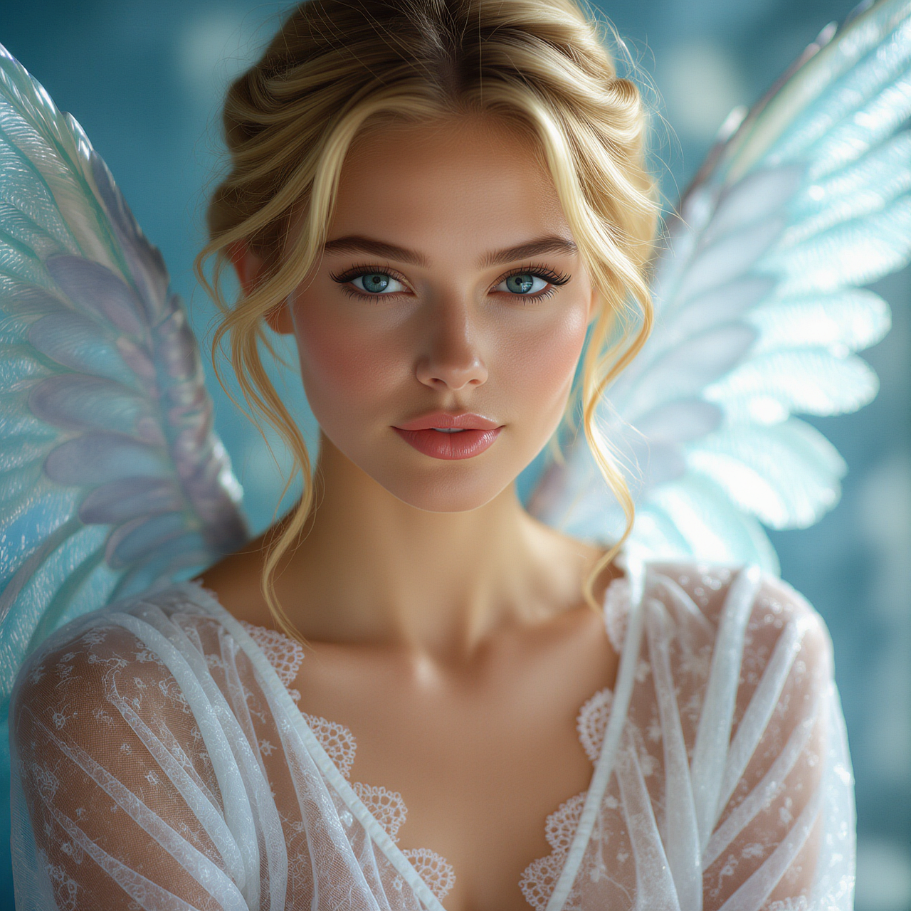 woman, angel, wing, being, feminine, female, femininity, dress, portrait, face, ai generated