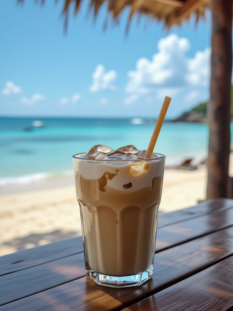 ai generated, summer, sun, sunshine, nature, summer pictures, outdoors, vacation, summer holidays, to travel, climate, hot, warm, sunny, background, beach, sand, sea, ocean, iced coffee, coffee, refreshment
