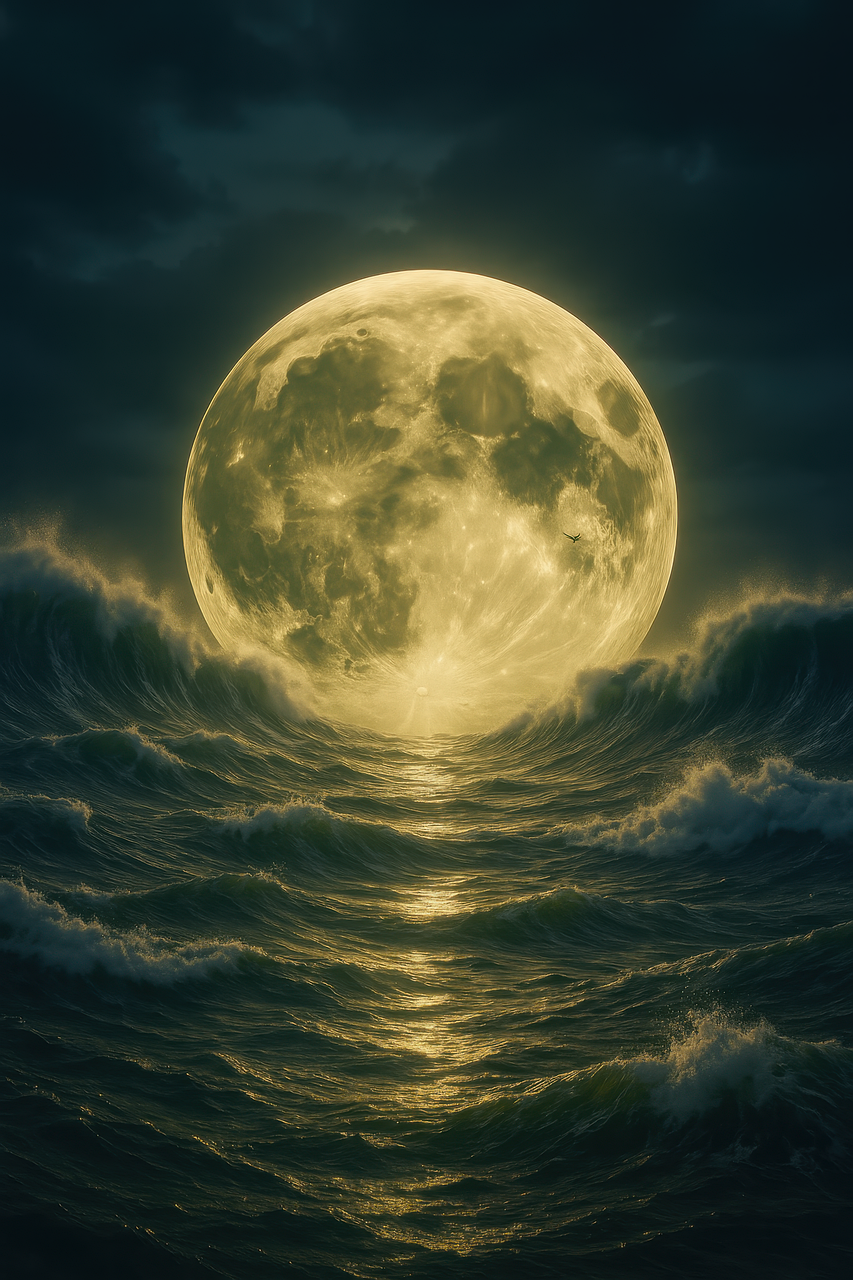giant moon, moonrise over ocean, surreal landscape, fantasy seascape, glowing moon, magical night, dreamlike waves, fantasy ocean, moon reflection, moonlight on water, surreal concept, mystical moon, dark fantasy, moon horizon, sci-fi landscape, tidal magic, night waves, cosmic scenery, celestial rise, ocean fantasy, moon on water, astronomical surrealism, dramatic seascape, ai generated