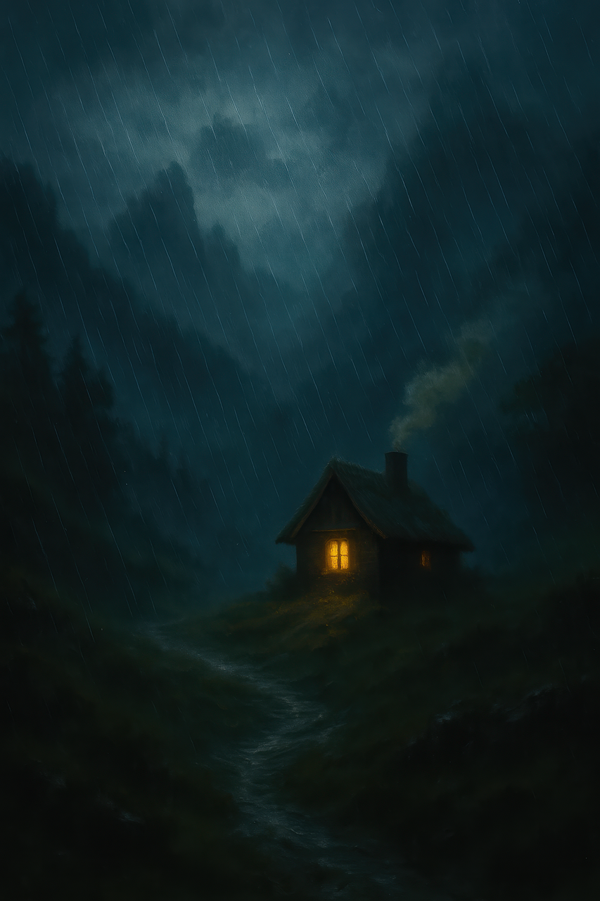 rainy cabin, forest storm, cozy cottage, night rain, glowing window, lonely house, dark wilderness, moody forest, thunderstorm shelter, secluded cabin, rainy path, night nature, misty woods, warm light in dark, dramatic storm, emotional landscape, solitude cabin, countryside rain, poetic scene, atmospheric storm, cinematic rain, foggy weather, rainy woods, ai generated