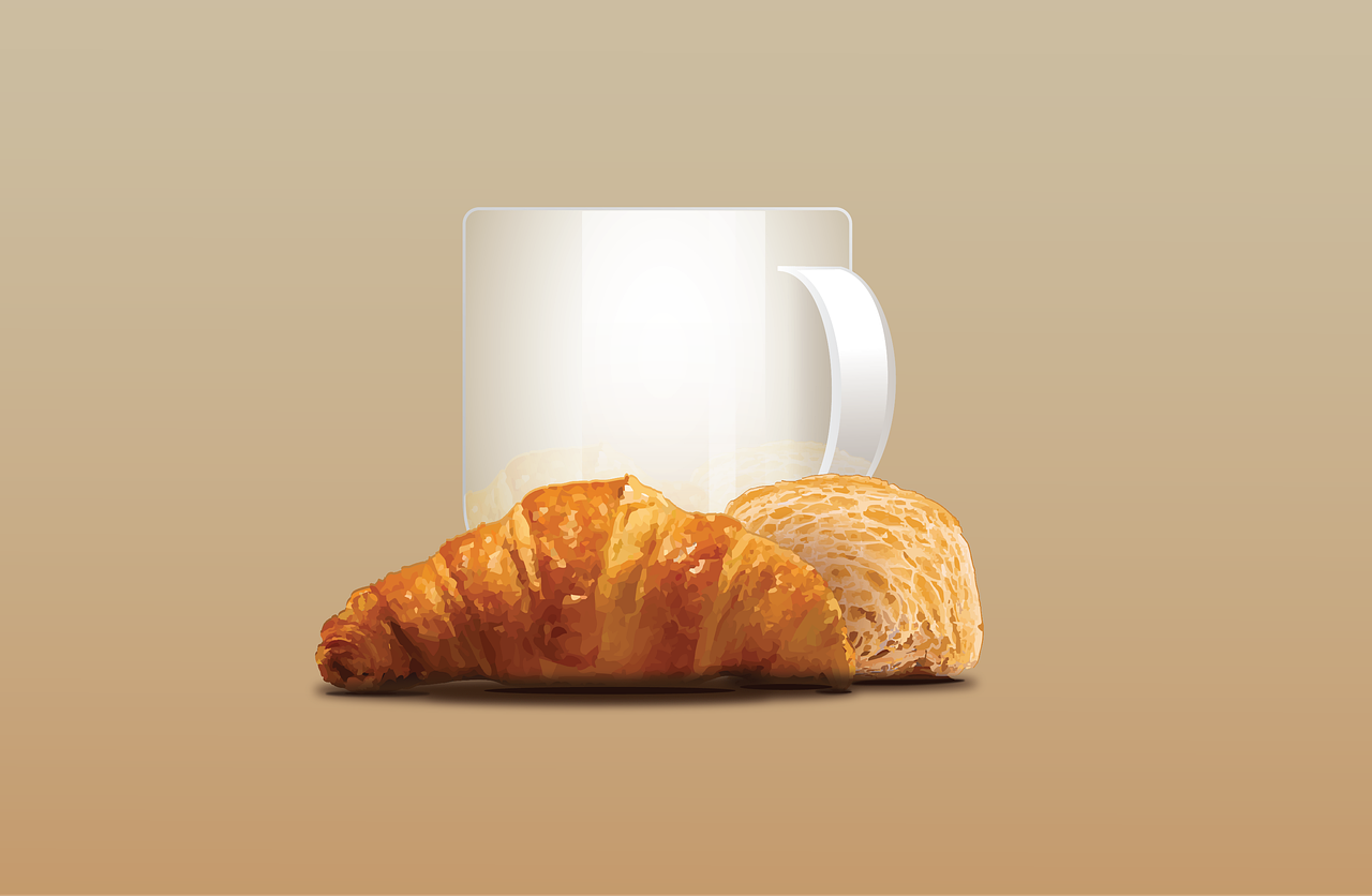 coffee, croissant, pastry, beverage, mug, cafe, office, drink, coffee cup, food, tea