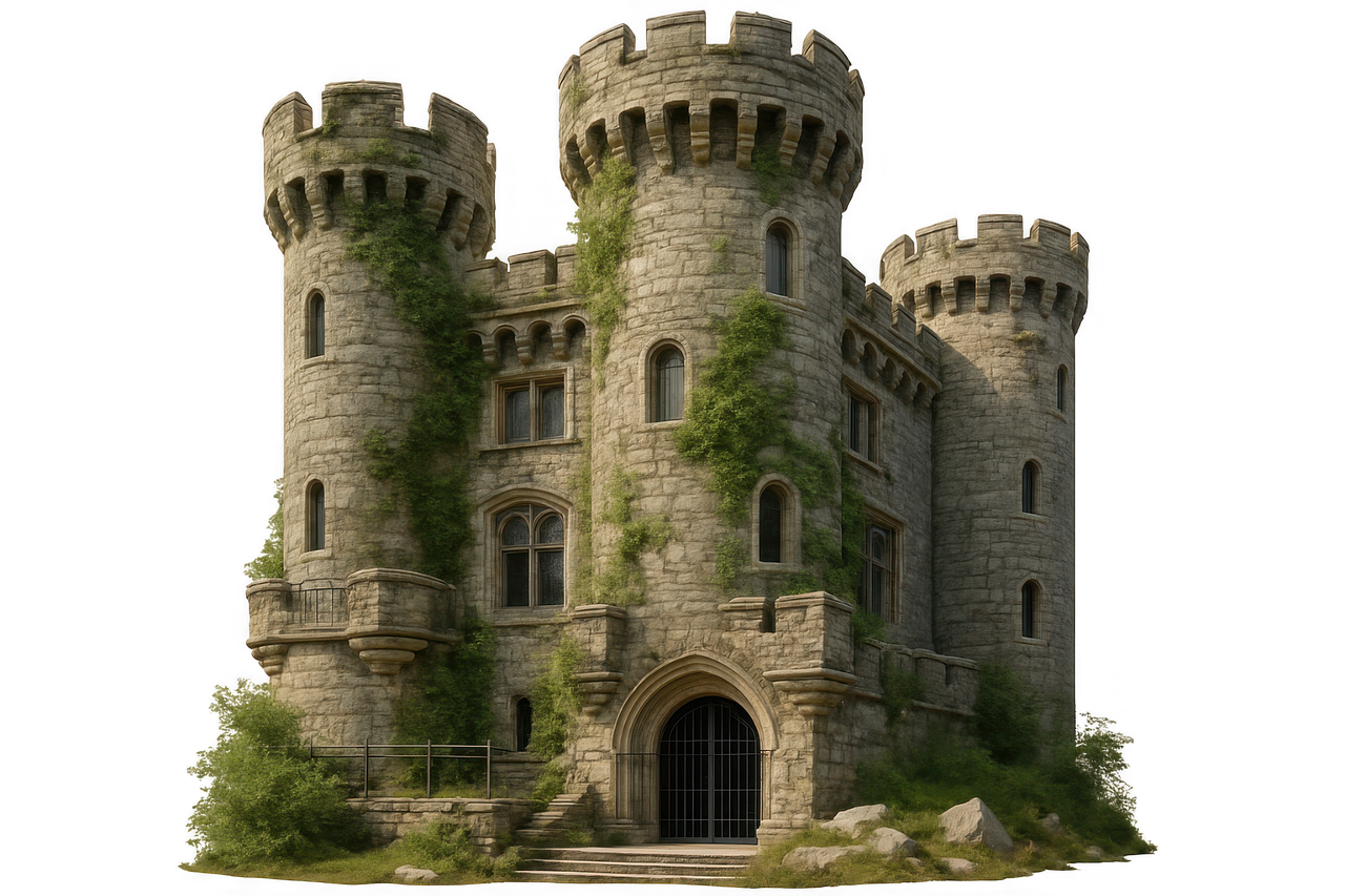 stone castle, medieval fortress, ivy-covered tower, fantasy castle, ancient stronghold, historic architecture, castle exterior, gothic tower, medieval building, fantasy setting, old fortress, stone masonry, turrets, historic structure, ivy on stone, fairytale castle, ancient palace, castle wall, medieval europe, historical landmark, fantasy defense, castle gate, royal fortress, ai generated