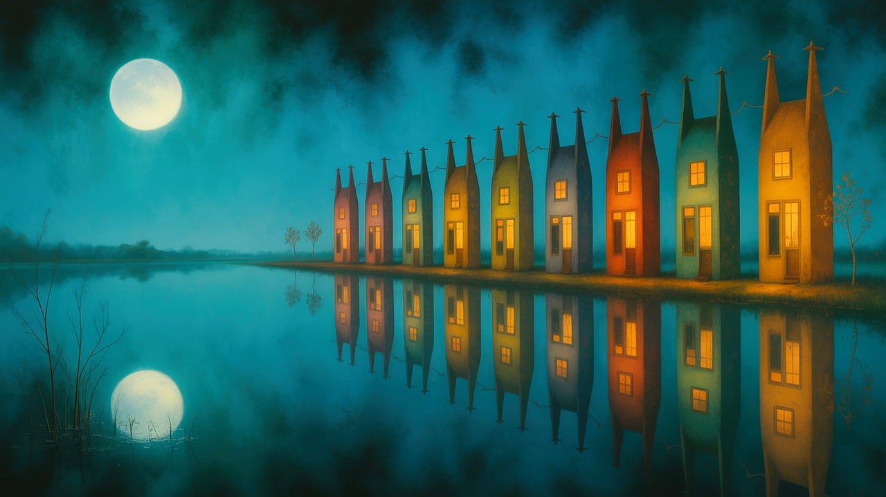 houses, architecture, reflection, moon, night, night sky, lake, nature, multicoloured, bizarre, art, landscape, ai generated