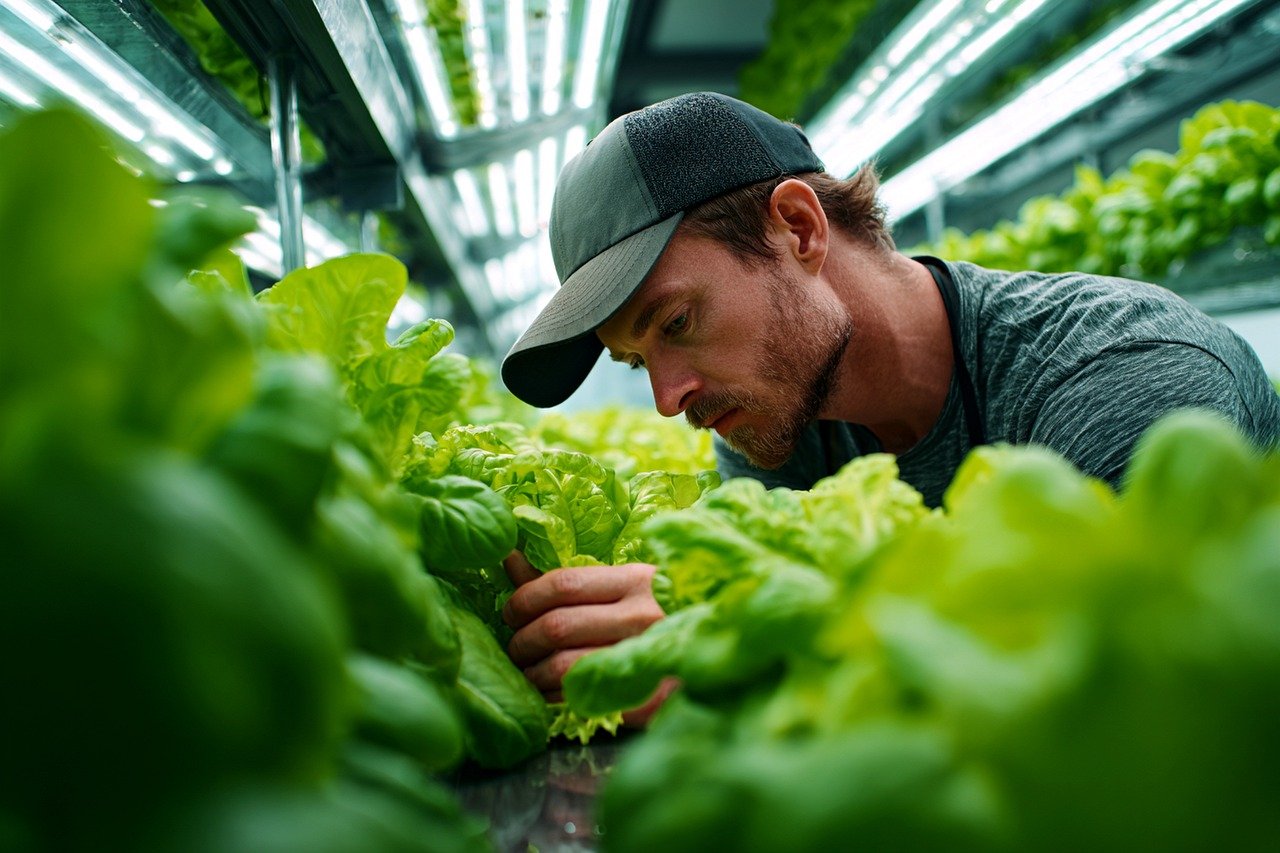 hydroponics, nature, stove, plantation, man, cultivating, technology, foliage, agriculture, interior, plants, system, job, modern, growth, lights, innovation, farm, vegetable, food, production, caution, environmental, sustainable, future