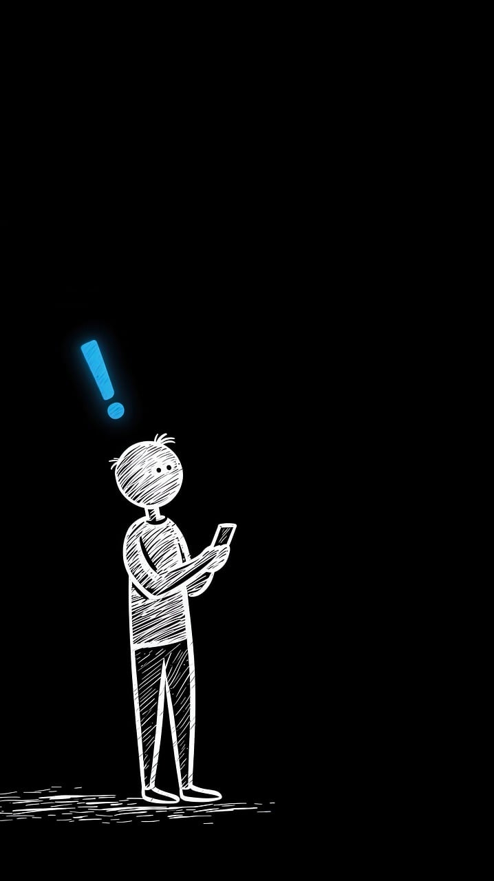figure, stick, mobile, exclamation, blue, minimalist, drawing, surprise, message, black background, technology, alert, icon, simple, modern, person, news, communication, contrast, digital, generated by ai