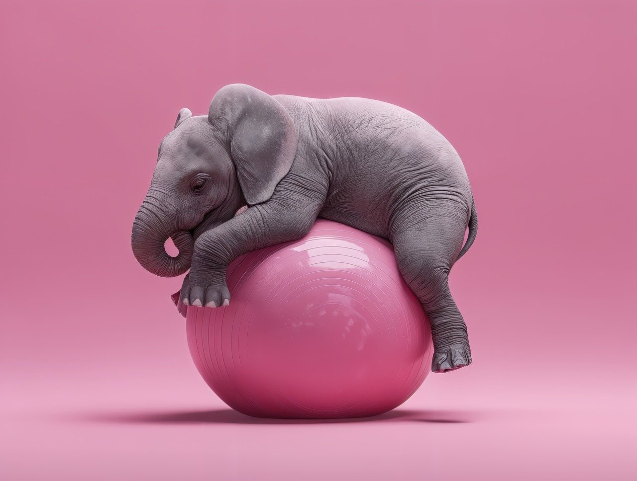 elephant, baby, ball, rose, tender, nature, funny, break, animal, adorable, minimalist, pink background, contrast, relax, child, fantasy, toy, surreal, creativity, nice, balance, generated by ai