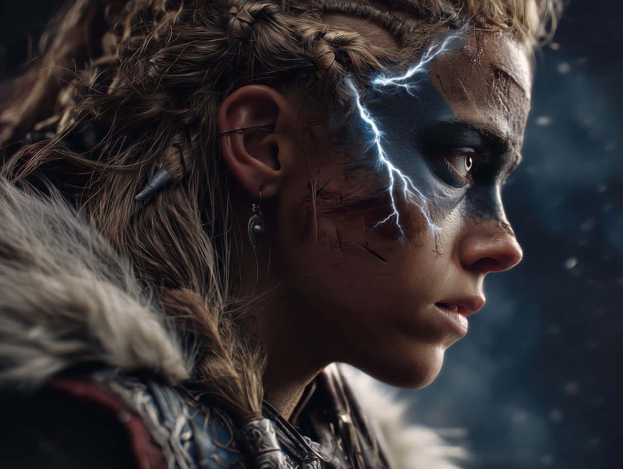 warrior, braiding, face paint, ray, electricity, epic, battle, look, force, determination, fantasy, energy, action, woman, armor, scars, close up, drama, mysticism, intensity, digital art, generated by ai