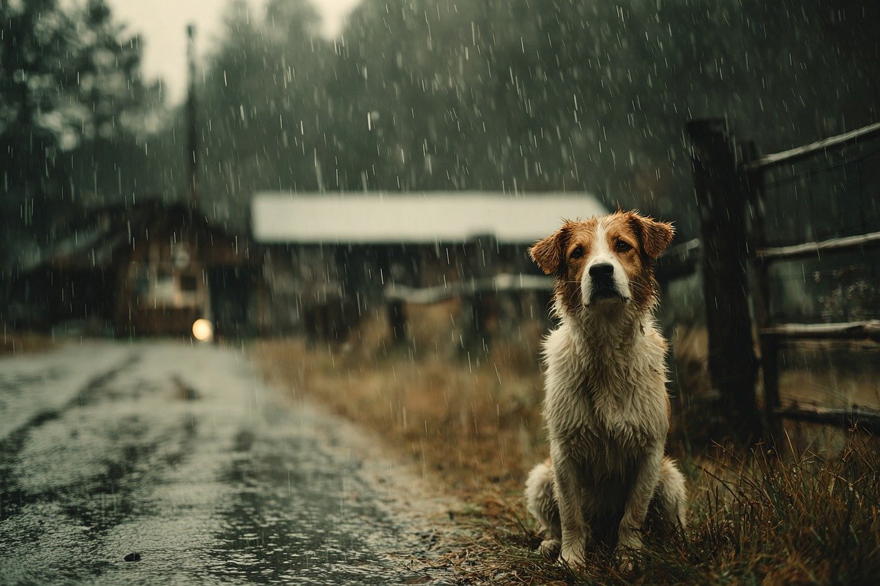dog, rain, wet, by myself, road, exterior, nature, animal, abandoned, melancholy, sad, rural, field, winter, fall, raindrops, pet, mud, fur, texture, vulnerable, hope, look, landscape, climate