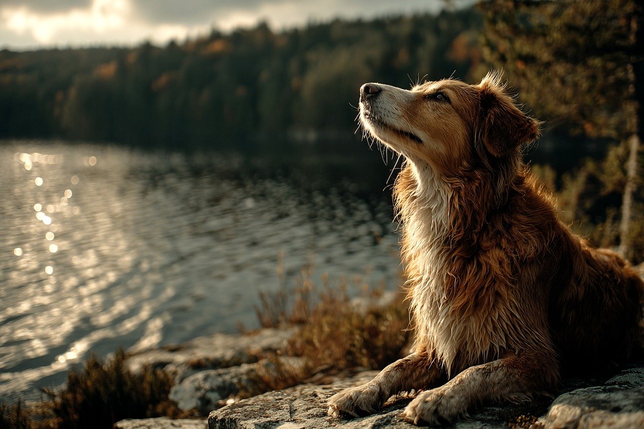 dog, nature, landscape, forest, water, lake, animal, lying, quiet, sun light, environment, open air, wild, pet, adventure, partner, fur, texture, profile, contemplation, freedom, exploration, beauty, natural, serenity