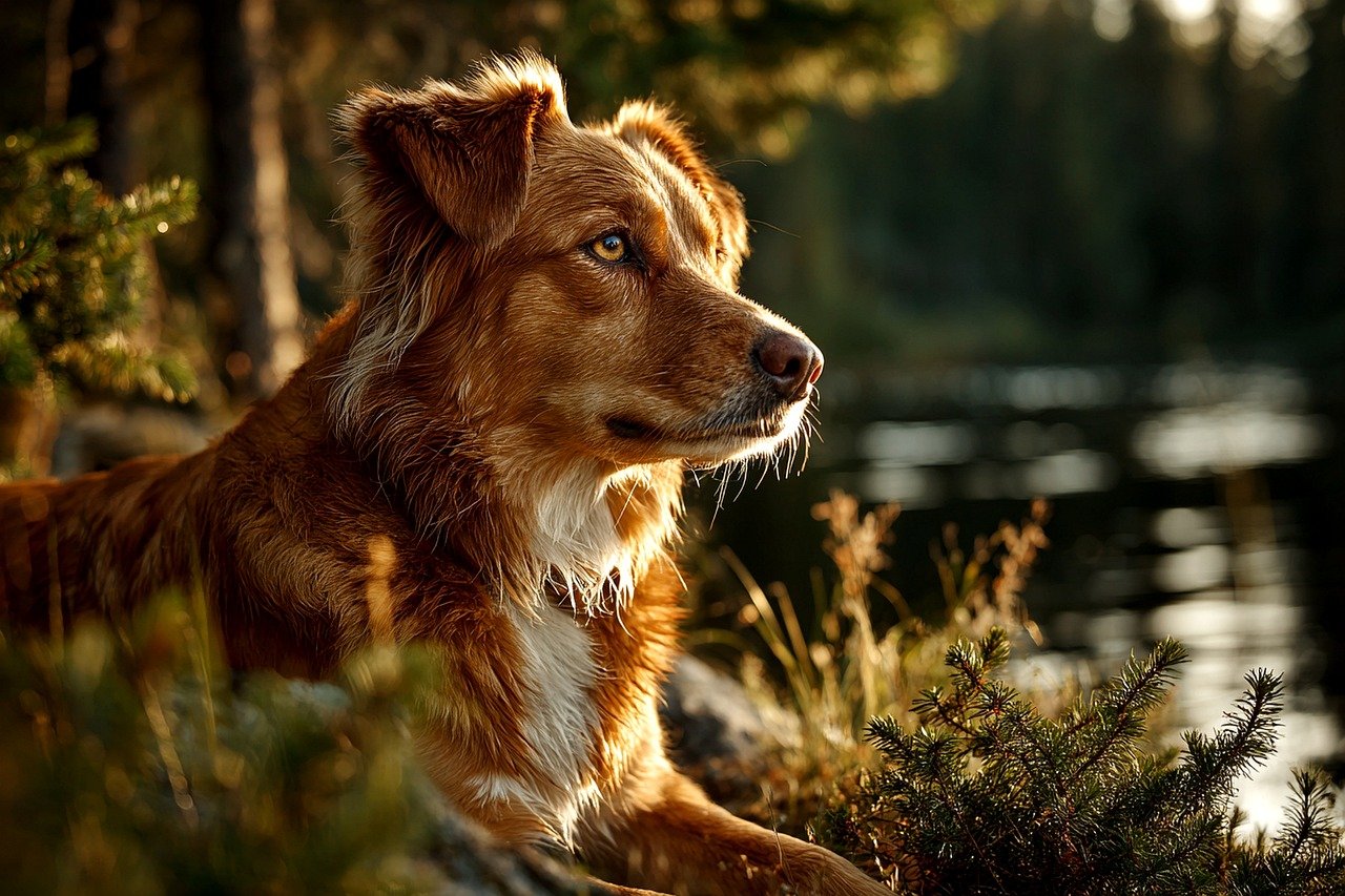 dog, nature, pet, landscape, forest, water, lake, river, animal, quiet, sun light, environment, open air, wild, adventure, partner, fur, texture, profile, contemplation, freedom, exploration, beauty, natural, serenity