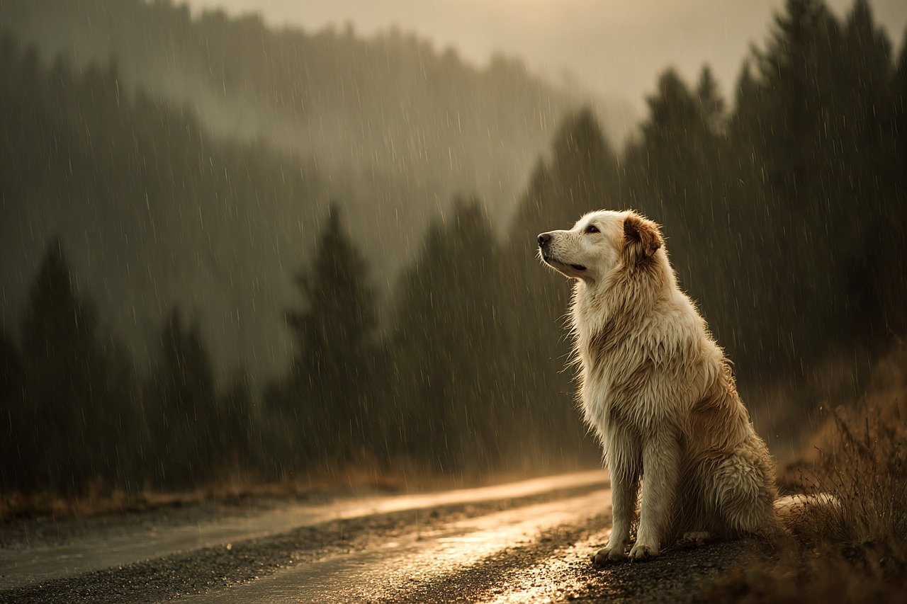 dog, rain, road, forest, animal, wet, by myself, nature, landscape, melancholy, look, serene, pet, field, rural, winter, fall, water drops, fur, texture, focus, light, beauty, environment, climate