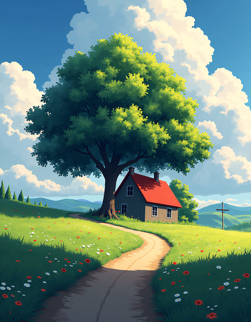 ai generated, countryside, landscape, path, cottage, house, green, field, summer, nature, fantasy, rural, clouds, meadow, tree