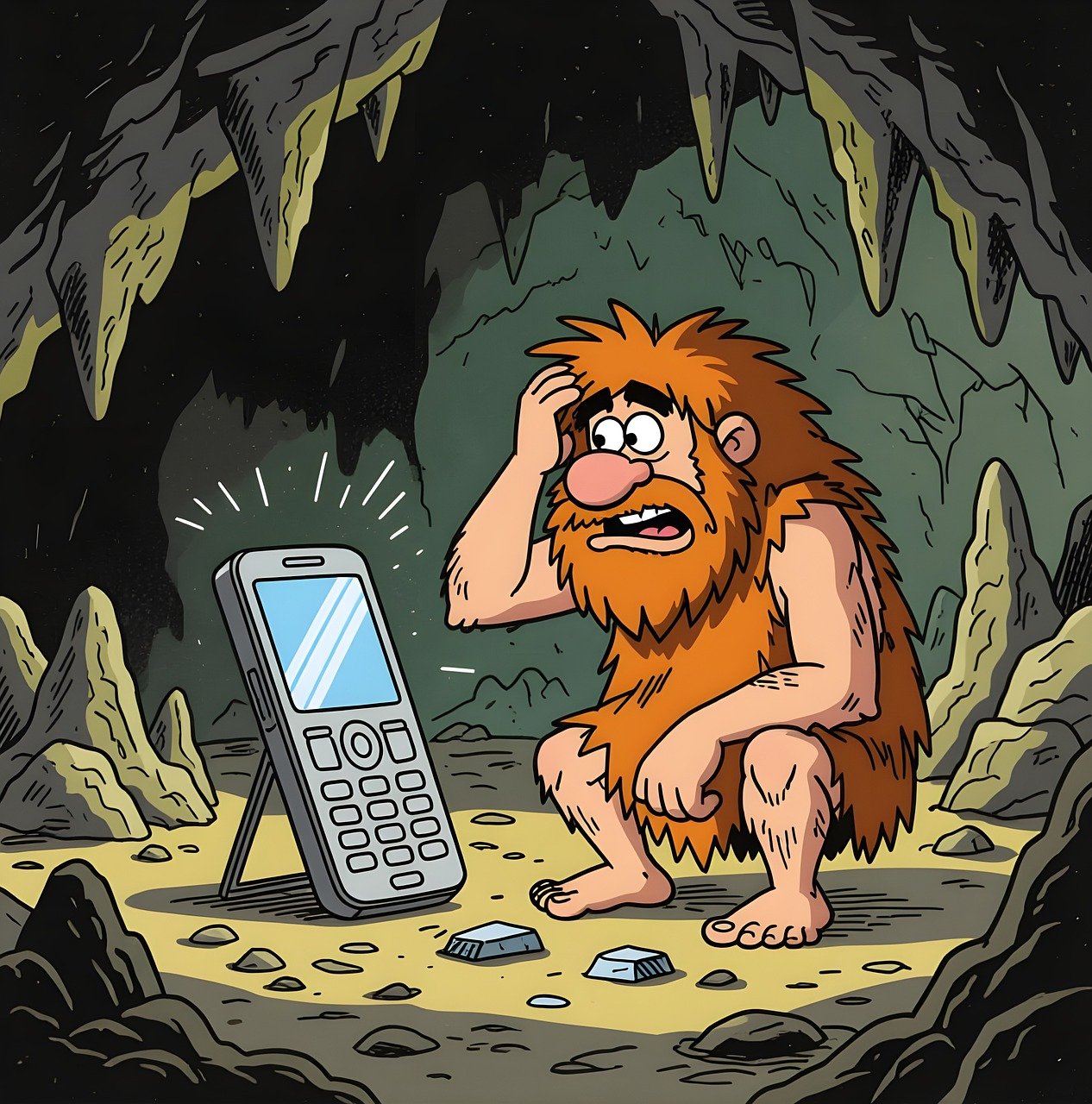 caveman, man, primitive, prehistoric, neanderthal, male, person, cell phone, smartphone, telephone, cellphone, technology, mobile, communication, cartoon, funny, confusion, confused, uncertainty, comic, ai generated, copy space, greeting card