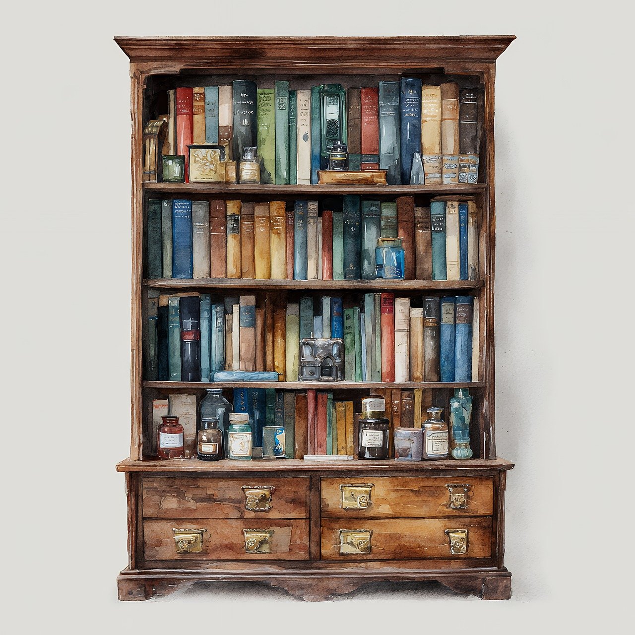 bookshelf, library, books, vintage, wooden, cabinet, drawers, antique, classic, watercolor, furniture, storage, literature, education, knowledge, study, academic, collection, reading, shelving, brown, rustic, traditional, home, ai generated