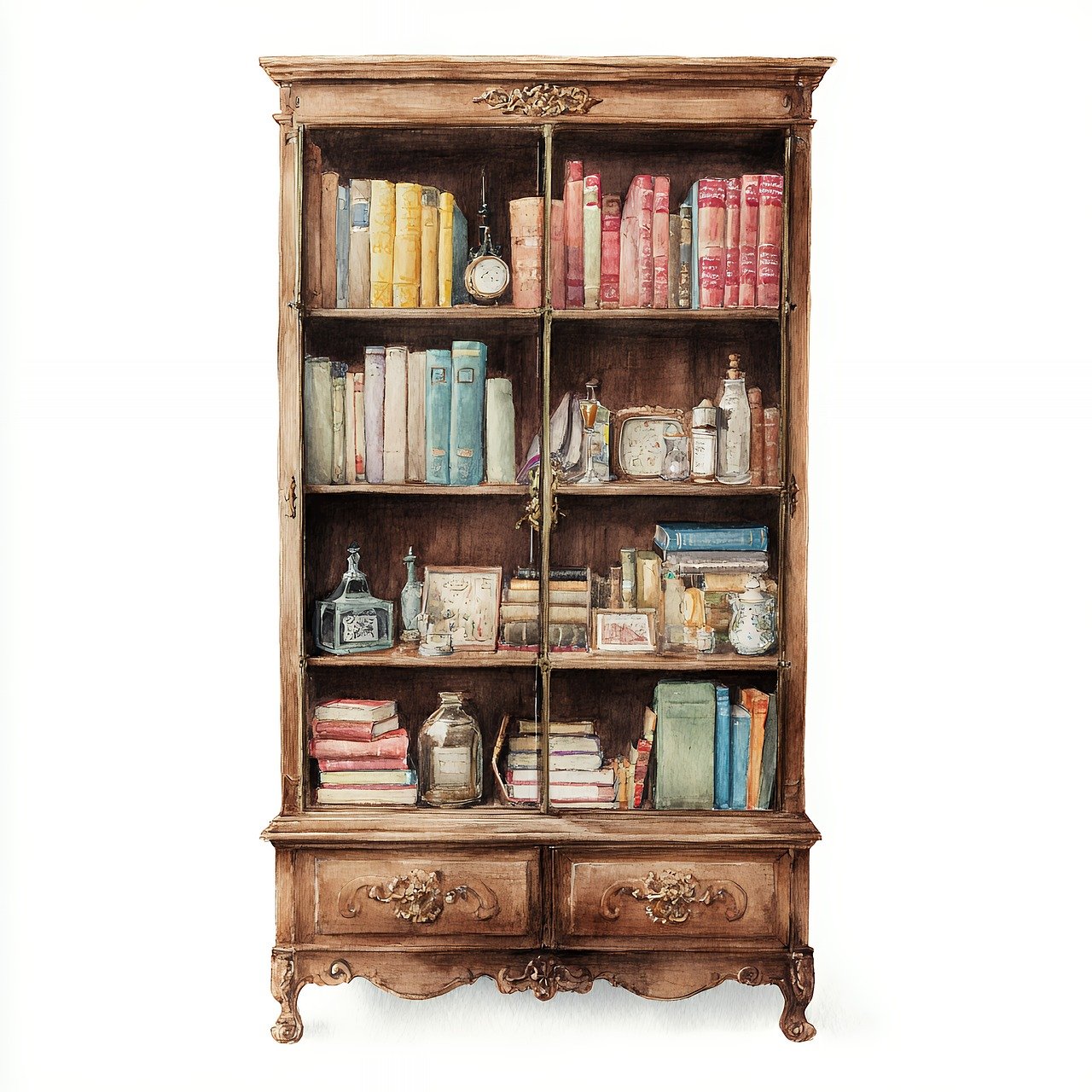 ai generated, bookshelf, vintage, antique, wooden, furniture, library, storage, books, cabinet, shelving, provincial, french, ornate, decor, carved, display, traditional, elegant, home, interior, decoration, collection, literature, study