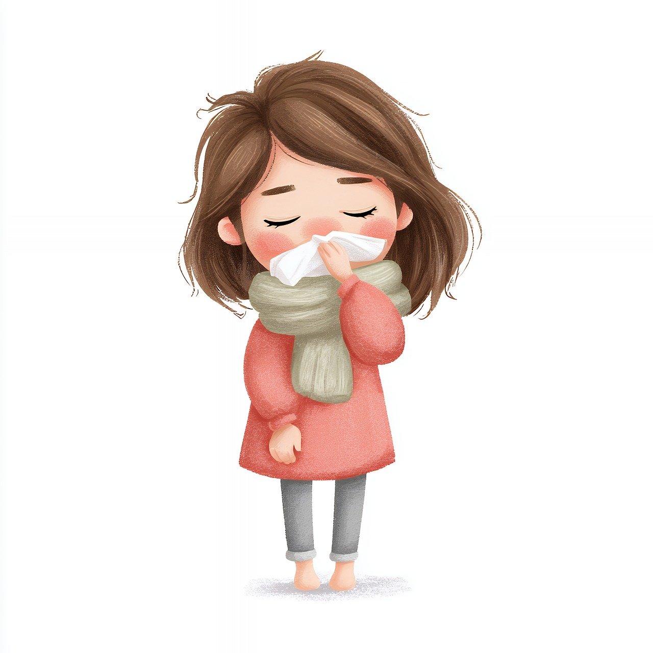 ai generated, flu, cold, sick, tissue, cartoon, scarf, isolated, sad girl, illness, disease, unwell, unhappy, sad, child, kid, character, handkerchief, healthcare, health, medical, symptom, winter, autumn, seasonal, girl