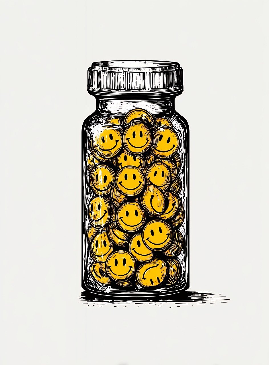 ai generated, smiley, faces, flowers, jar, bottle, container, drawing, happiness, positivity, cheerful, mental, health, wellbeing, nature, cartoon, art, design, concept, isolated, graphic, fun, happy, medicine, pills, cure