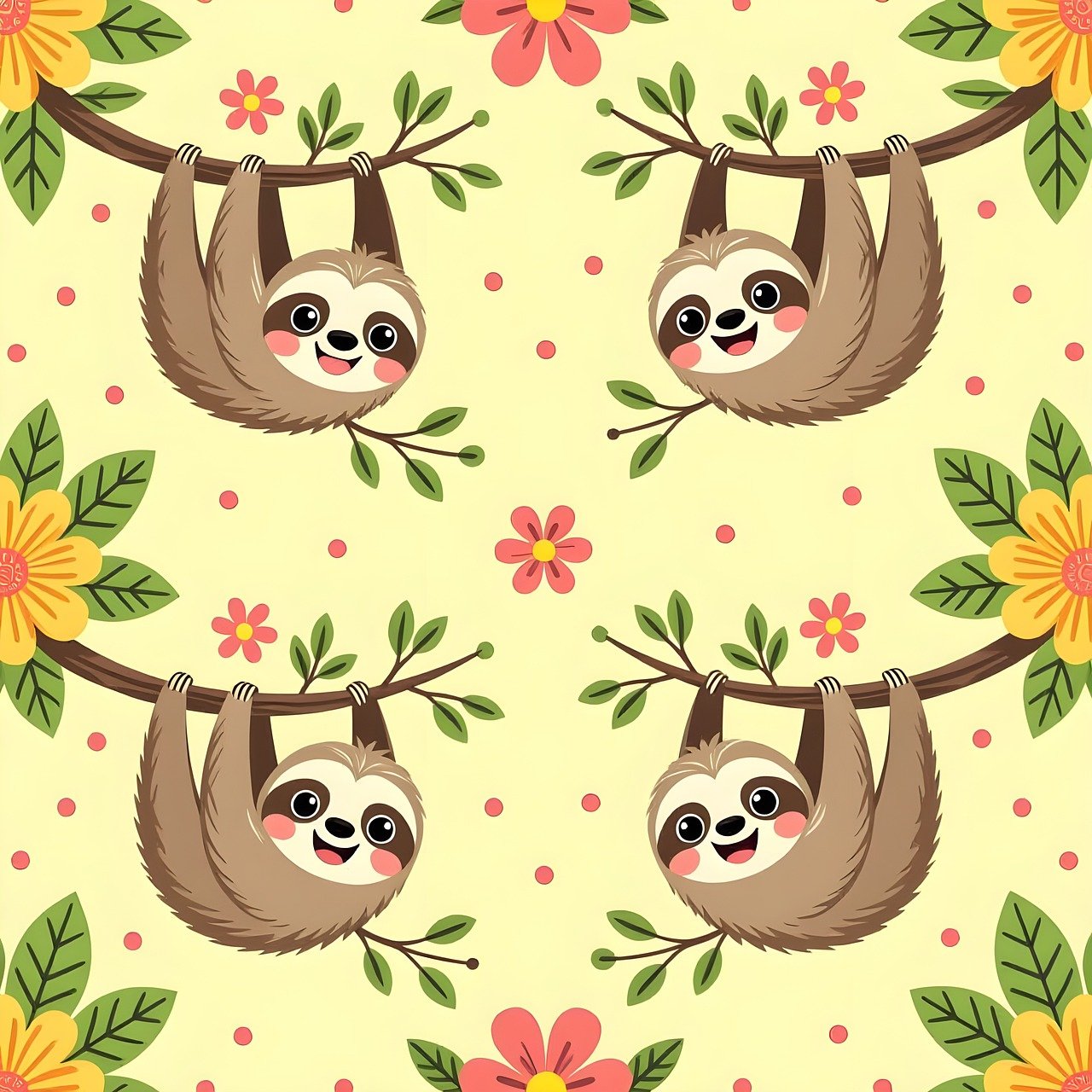 ai generated, sloth, animal, mammal, lazy, wildlife, tree, rainforest, jungle, funny, cute, pattern, cartoon, smiling, happy, scrapbooking, background, template, design, nature