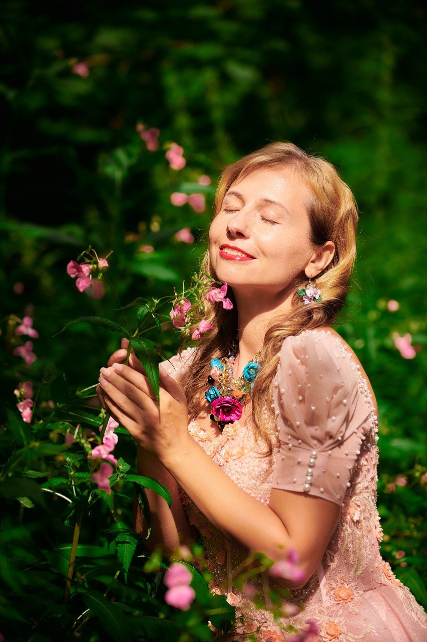 woman, flower wallpaper, ball gown, portrait, flowers, beautiful flowers, lady, vintage, summer, flower background, nature, 19th century, promenade