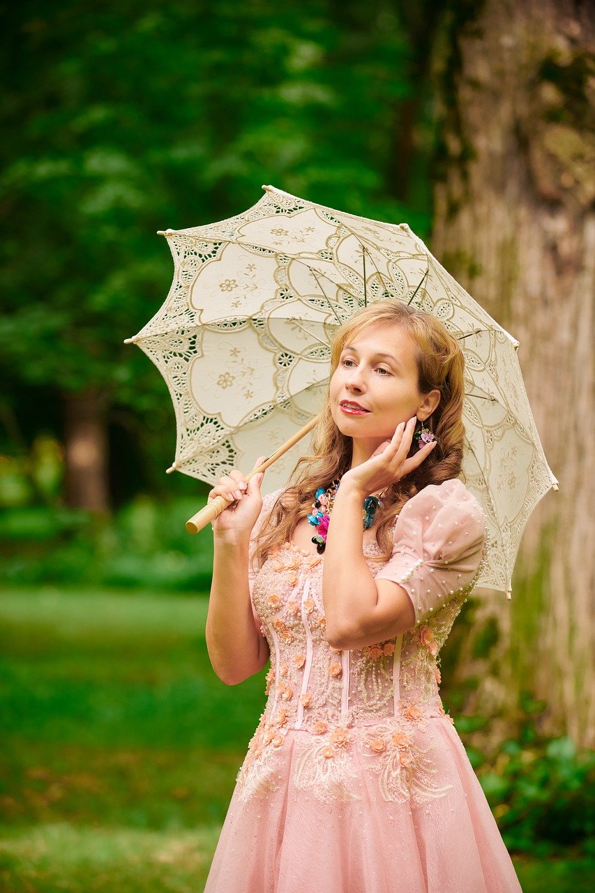 woman, ball gown, parasol, umbrella, lady, vintage, summer, nature, 19th century, promenade