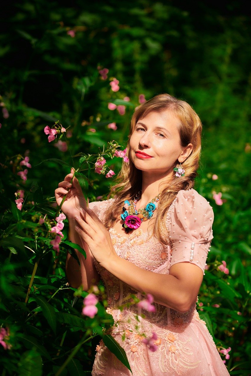 woman, flower wallpaper, ball gown, portrait, flowers, lady, vintage, beautiful flowers, flower background, summer, nature, 19th century, promenade