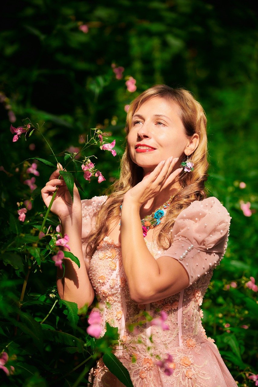 woman, ball gown, flower wallpaper, flower background, portrait, flowers, lady, vintage, summer, nature, 19th century, beautiful flowers, promenade