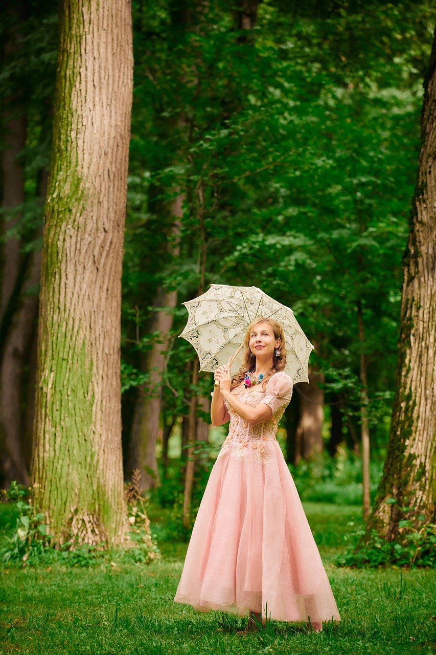 woman, ball gown, parasol, umbrella, lady, vintage, summer, nature, 19th century, promenade