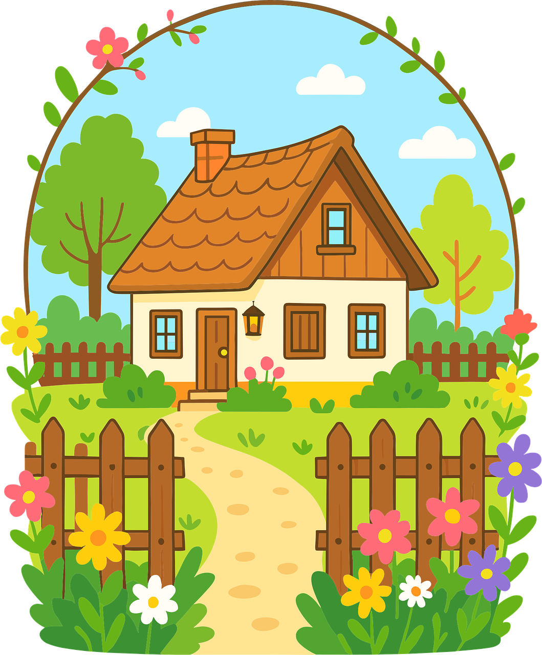 house, fence, garden, flowers, trees, nature, flower wallpaper, sky, clouds, track, flower background, grass, brightness, color, joy, cosiness, calmness, harmony, beauty, beautiful flowers, story, cartoon, cute, charming, idyll