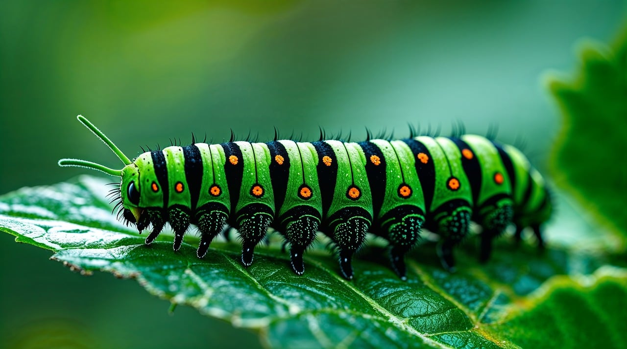 caterpillar, insect, vibrant, green, black, orange, fuzzy, leaf, nature, macro, segmented, antennas, legs, crawling, wildlife, detail, texture, larva, close-up, outdoors, ai generated