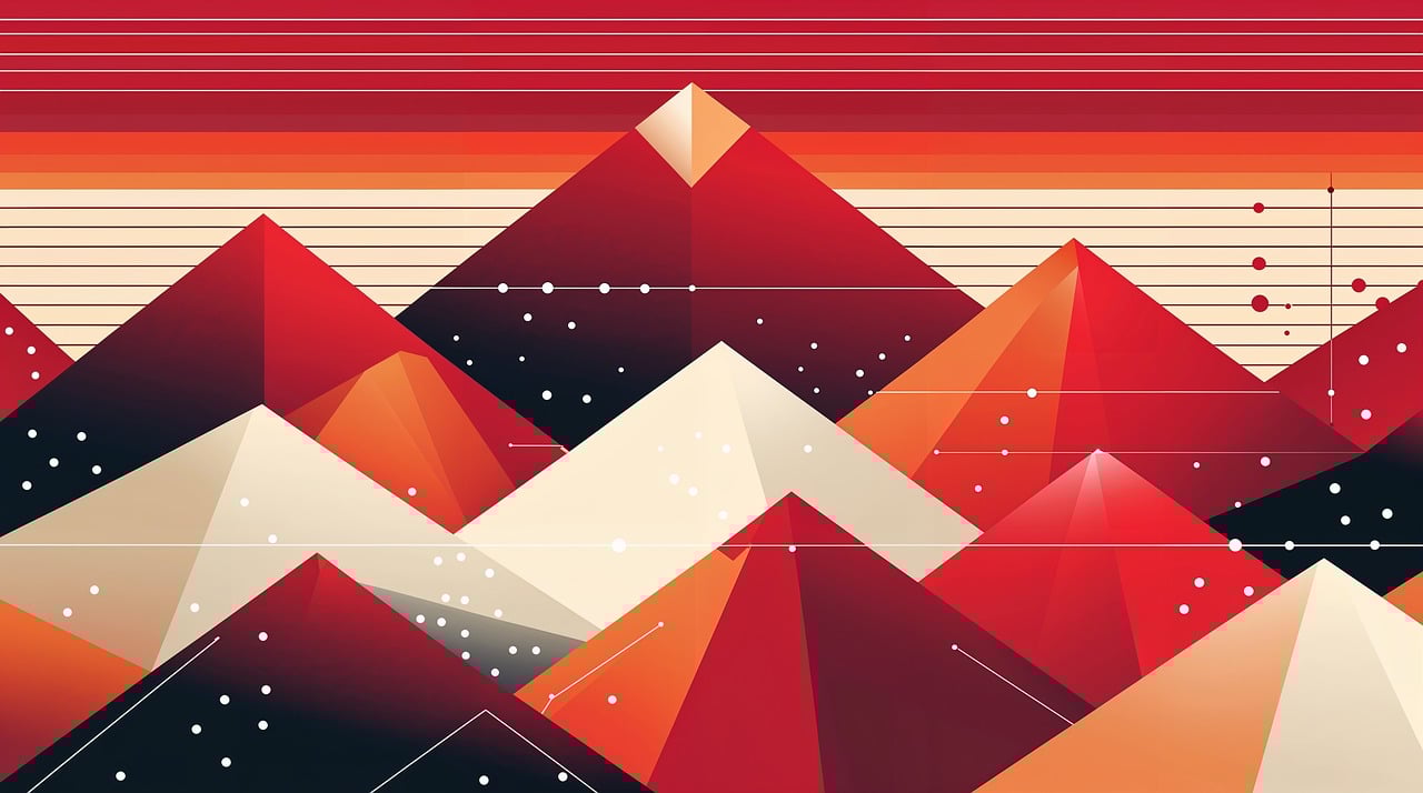 ai generated, geometric, abstract, mountains, red, orange, white, landscape, pyramids, design, digital, art, pattern, lines, shapes, peaks, stripes, modern, sunrise