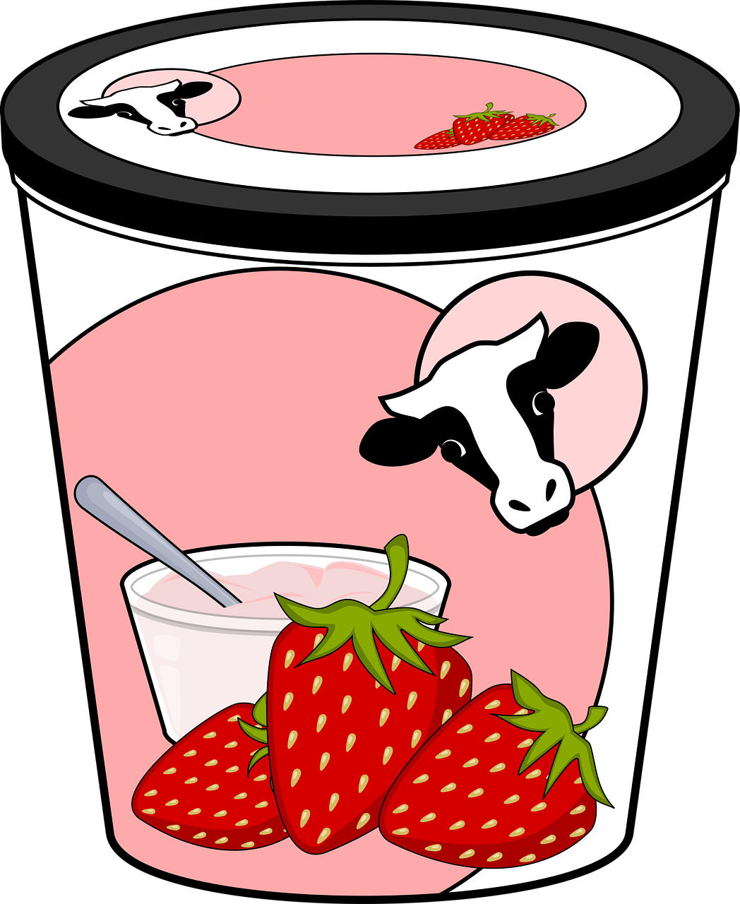 yogurt, dairy, snack, desert, strawberries, dairy product, yogurt container, container, healthy, food, edibles, foodstuffs, aliments, eats, cow, nutrition