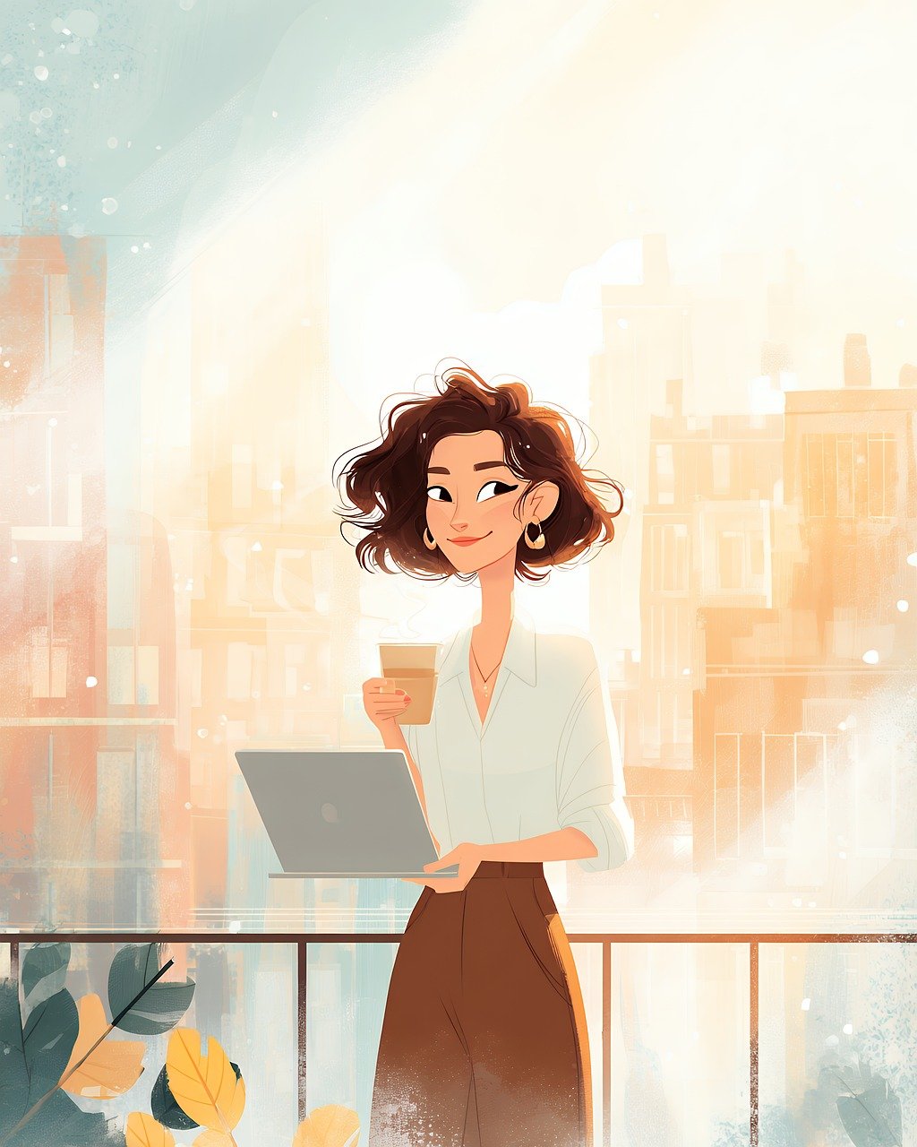digital, art, coffee, workspace, city, modern, office, professional, lifestyle, creative, curly, hair, laptop, balcony, urban, morning, skyline, break, work, business, casual, stylish, animation, career, ai generated