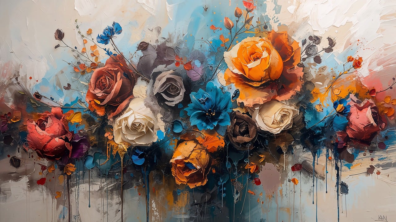 painting, abstract, floral, vibrant, flowers, bouquet, impressionist, textured, brushstrokes, splatters, colorful, art, expressive, petals, dynamic, canvas, still life, drips, vivid, arrangement, ai generated