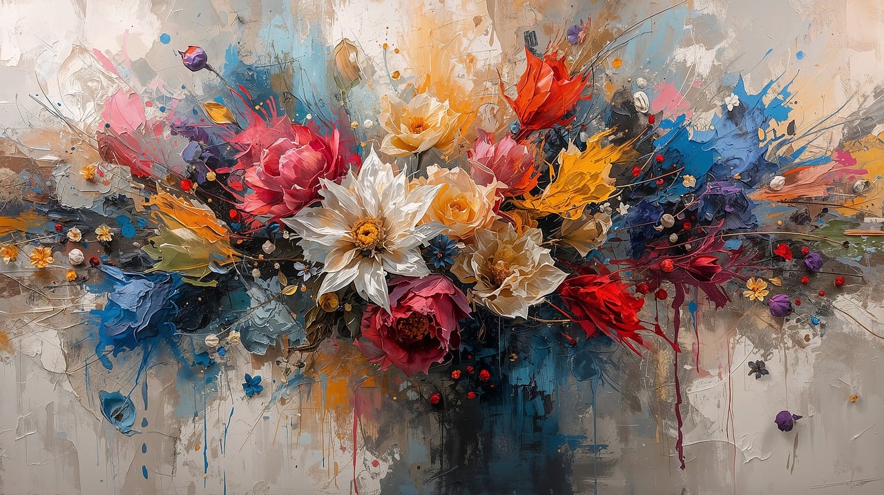 painting, abstract, floral, vibrant, flowers, bouquet, impressionist, textured, brushstrokes, splatters, colorful, art, expressive, petals, dynamic, canvas, still life, drips, vivid, arrangement, ai generated