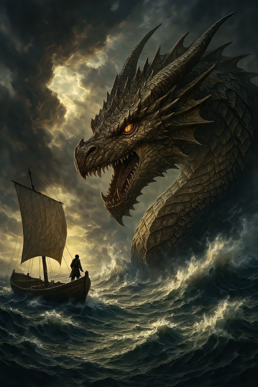 ai generated, dragon, monster, nature, lizard, fantasy, ship, sea, ocean, water, storm, waves, clouds, heaven, creature