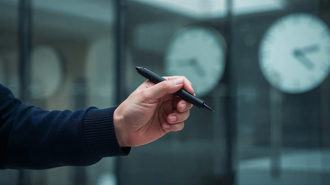 hand, pen, holding, grip, man, professional, writing, business, office, clocks, time, blurred, background, technology, precision, stylus, gesture, pointing, digital, modern, ai generated