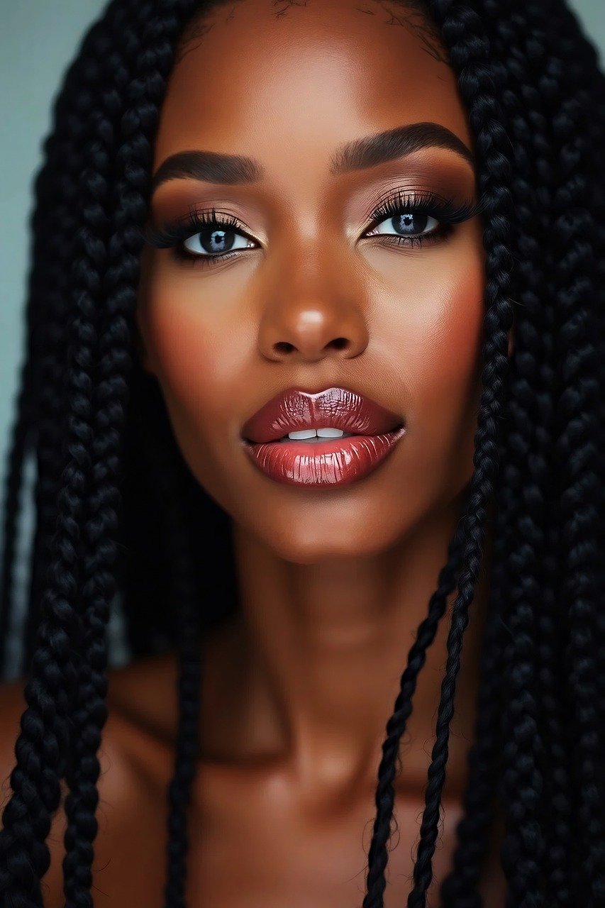 woman, portrait, model, pose, posing, female, face, modeling, style, makeup, african, skin, hair, girl, fashion, braids, attractive, hairstyle, lipstick, lips, cosmetics, ai generated