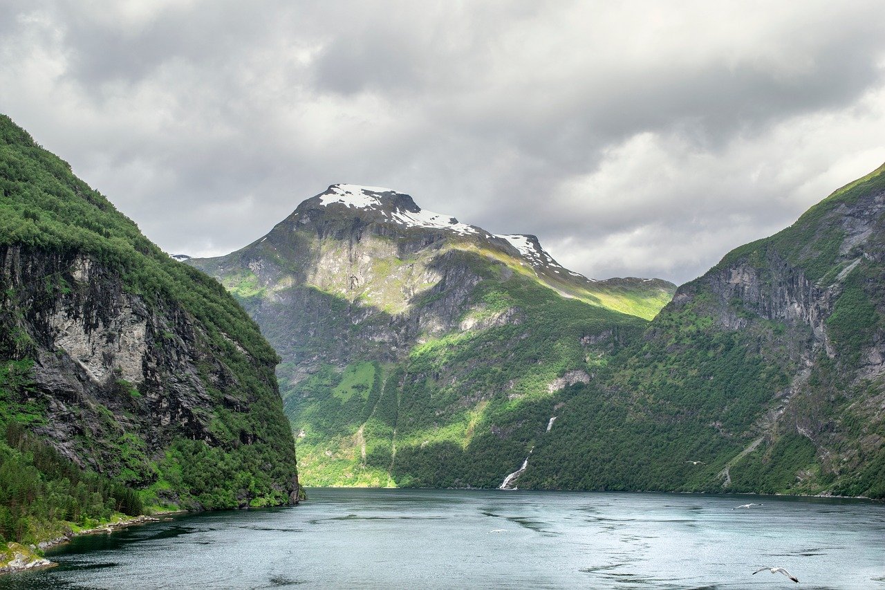 landscape, fjord, norway, waterfall, mountain, darling, clouds, cloudy, nature