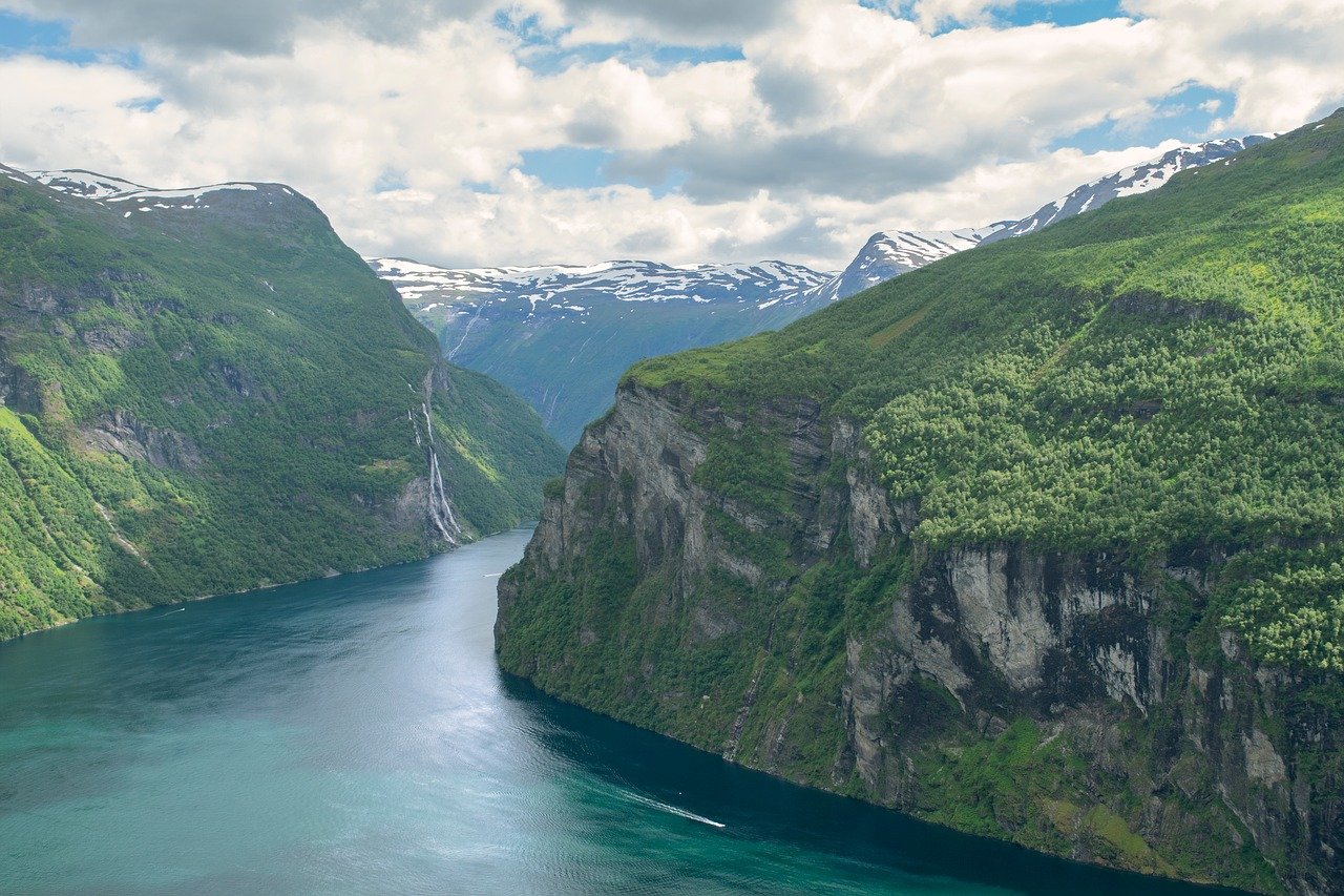 fjords, norway, landscape, moutains, waterfalls, sea, darling, clouds, snow, nature