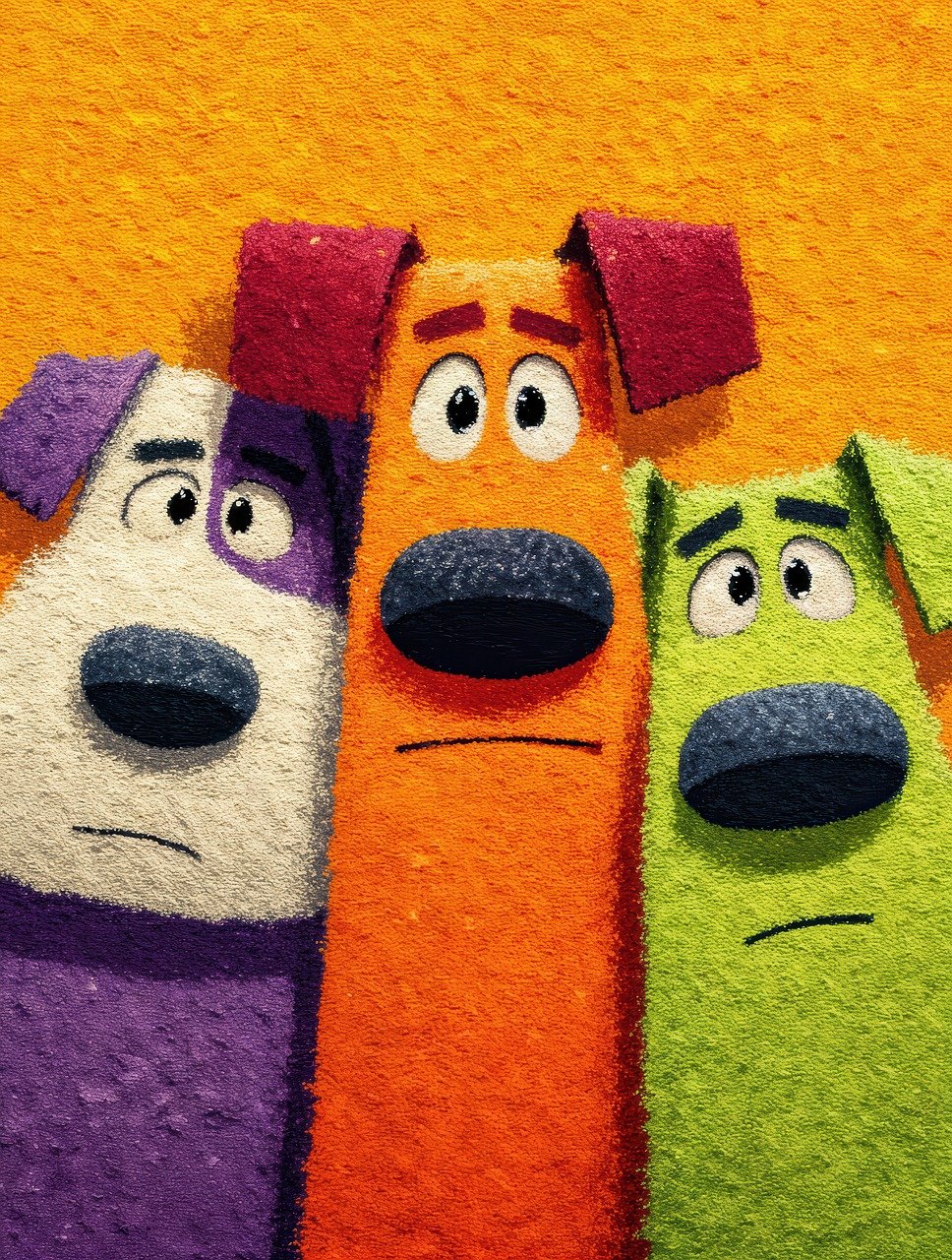 dogs, cartoon, colors, orange background, serious expression, funny, animation, characters, digital art, friendship, group, pets, child, textured, nice, design, creativity, large eyes, big nose, stylized, generated by ai