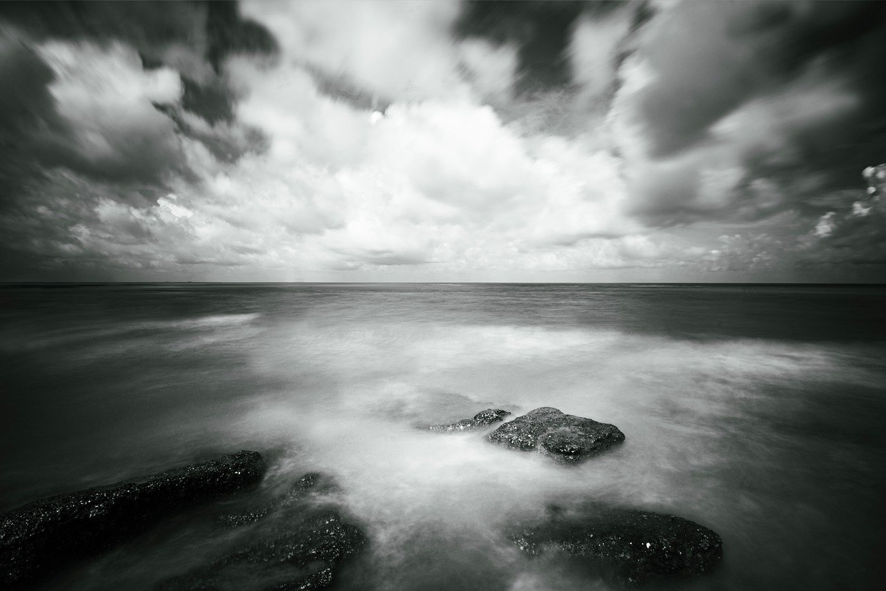 sea, black and white, photography, scenery, cloud, nature, reef, natural